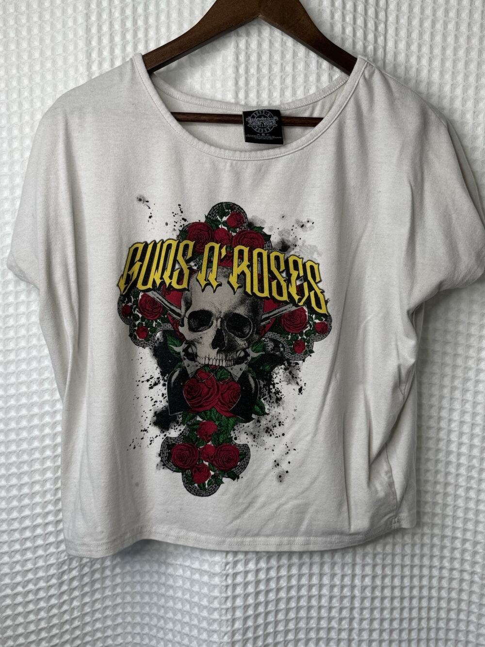 GUNS N ROSES Women’s Crop Top Ivory Cream Skull T-Shirt Stretch Size S Small